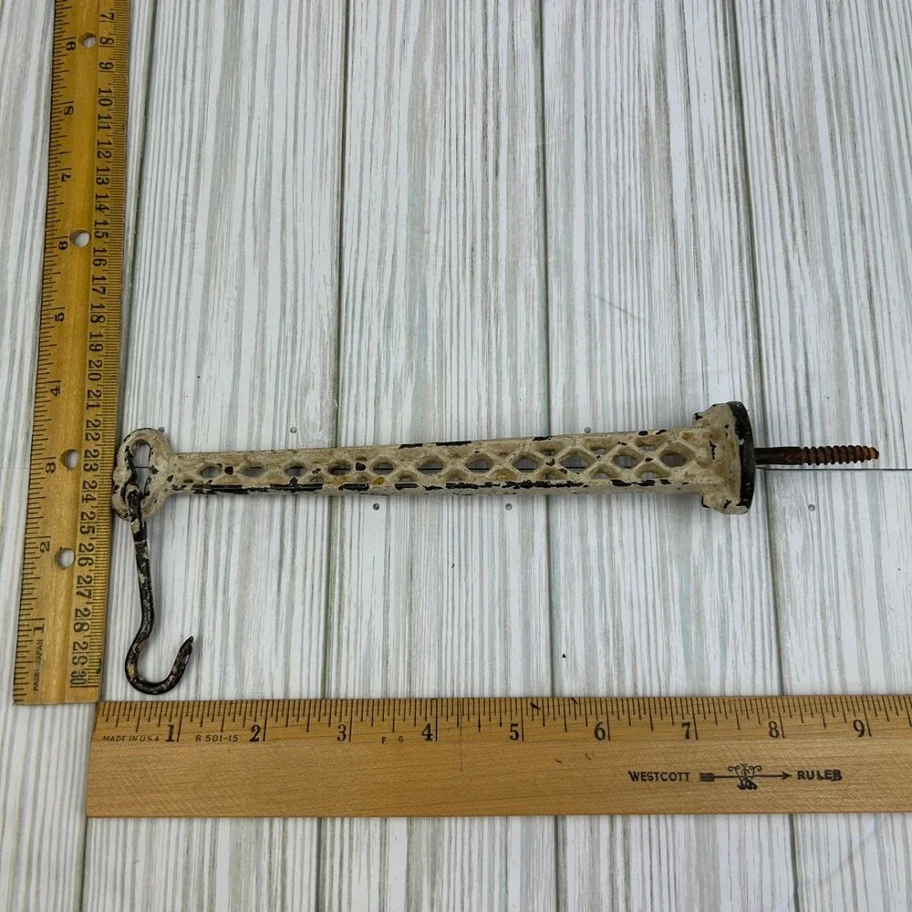 Vintage Cast Iron Wall Hanger Hook Ivory Chippy Rusty Crusty Lattice Screw-In 8